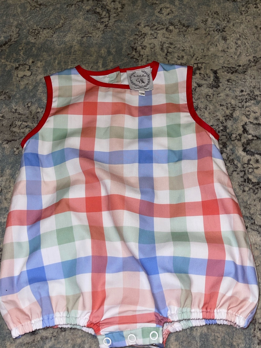 Baby Tank Romper in Multicolor Check with Red Trim from The Bella Bean •12 Month